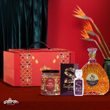 Hộp quà tết ASHIMA #2 (Rượu ĐTHT + saffron SHYAM + Mật ong saffron + Trà hoa)