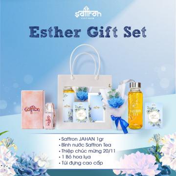 Set quà 20/11 Esther (Saffron nhập khẩu + hoa lụa + bình nước)