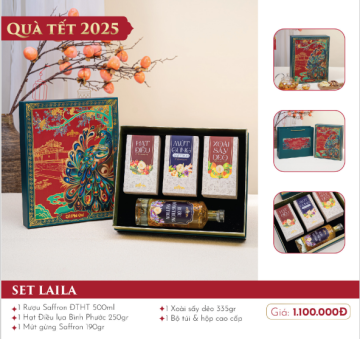 HỘP QUÀ TẾT LAILA - 3 Loại mứt hạt + Rượu Saffron 500ml